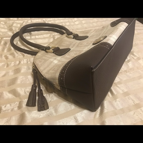 🎉SALE Rare Vintage Dooney & Bourke Brown/Beige Satchel w/ DB Medallion EUC - Picture 5 of 13